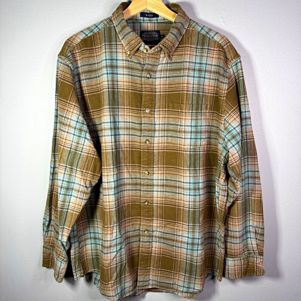 Pendleton Mason Mens XL Brown Blue Plaid Flannel Button Down Long Sleeve Shirt